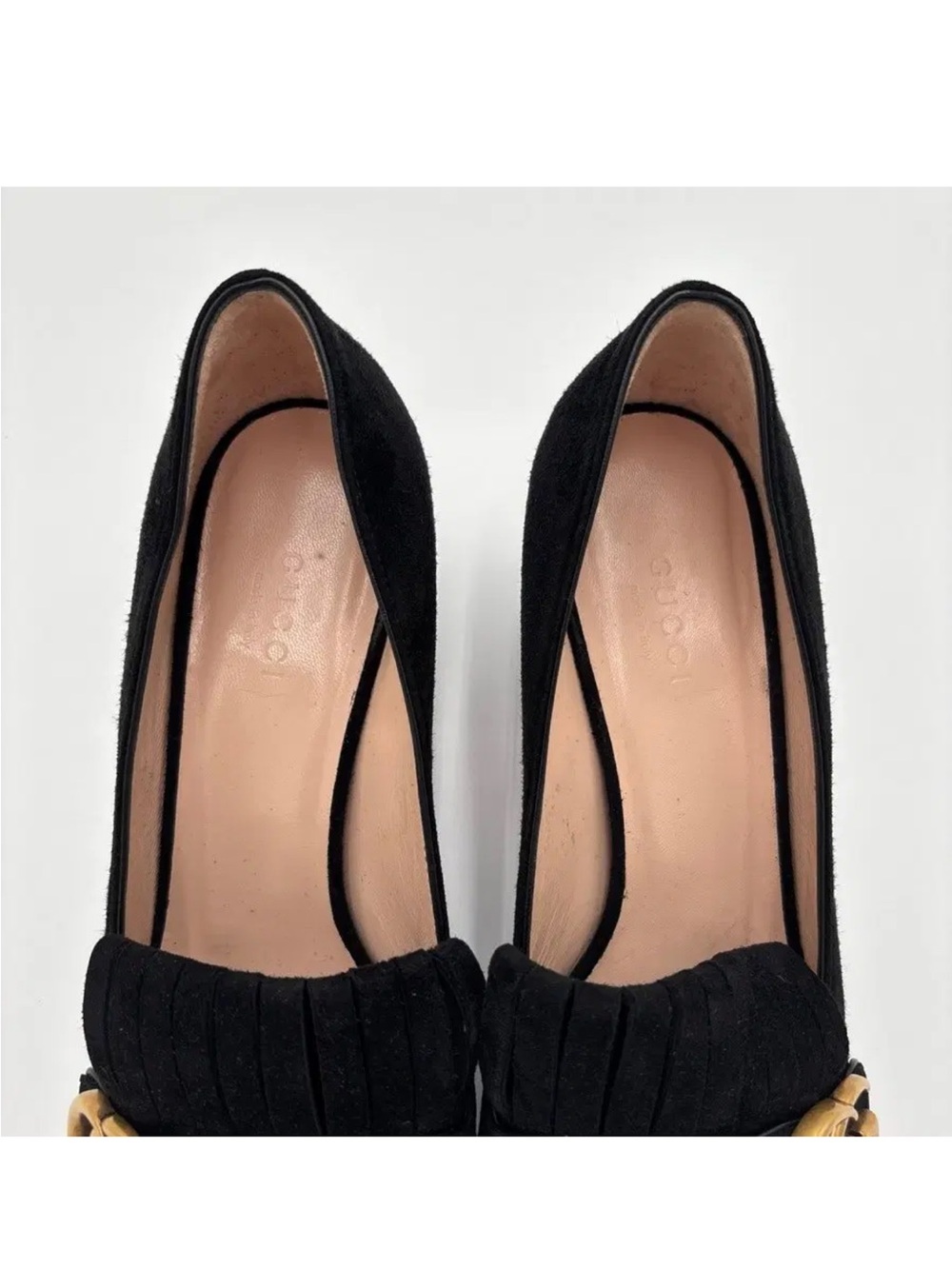 Gucci Black Suede Marmont Fringe Block Heel Loafers with Gold GG in Sz 38 1/2 - Picture 4 of 16